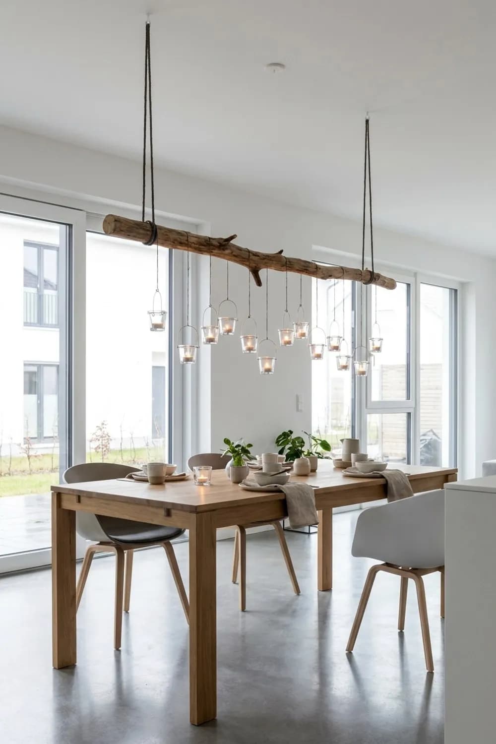 Hängende Gärten des Lichts: Teelichtgläser an einem Ast über dem Tisch – Kerzendeko für die Wohnung: 10 schöne Ideen