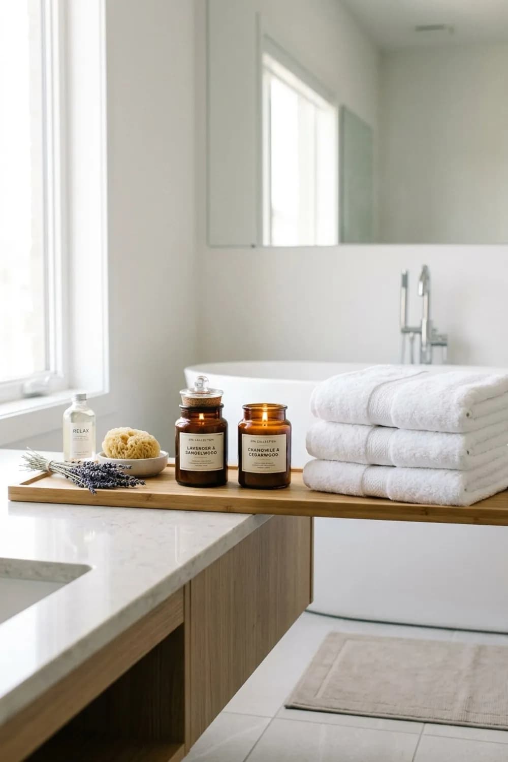 Wellness-Oase im Bad: Duftkerzen in Apothekergläsern neben gefalteten Handtüchern – Kerzendeko für die Wohnung: 10 schöne Ideen