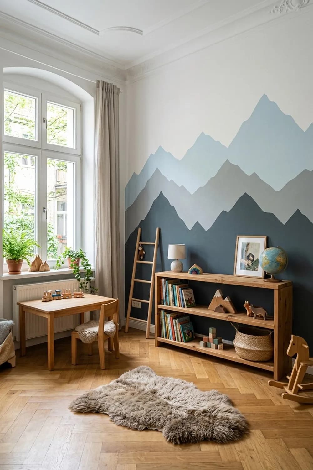 Bergpanorama: Wandgestaltung in Gipfel-Optik, Holzelemente und ein Fellteppich – Kinderzimmer: Die 13 schönsten Ideen und Inspirationen