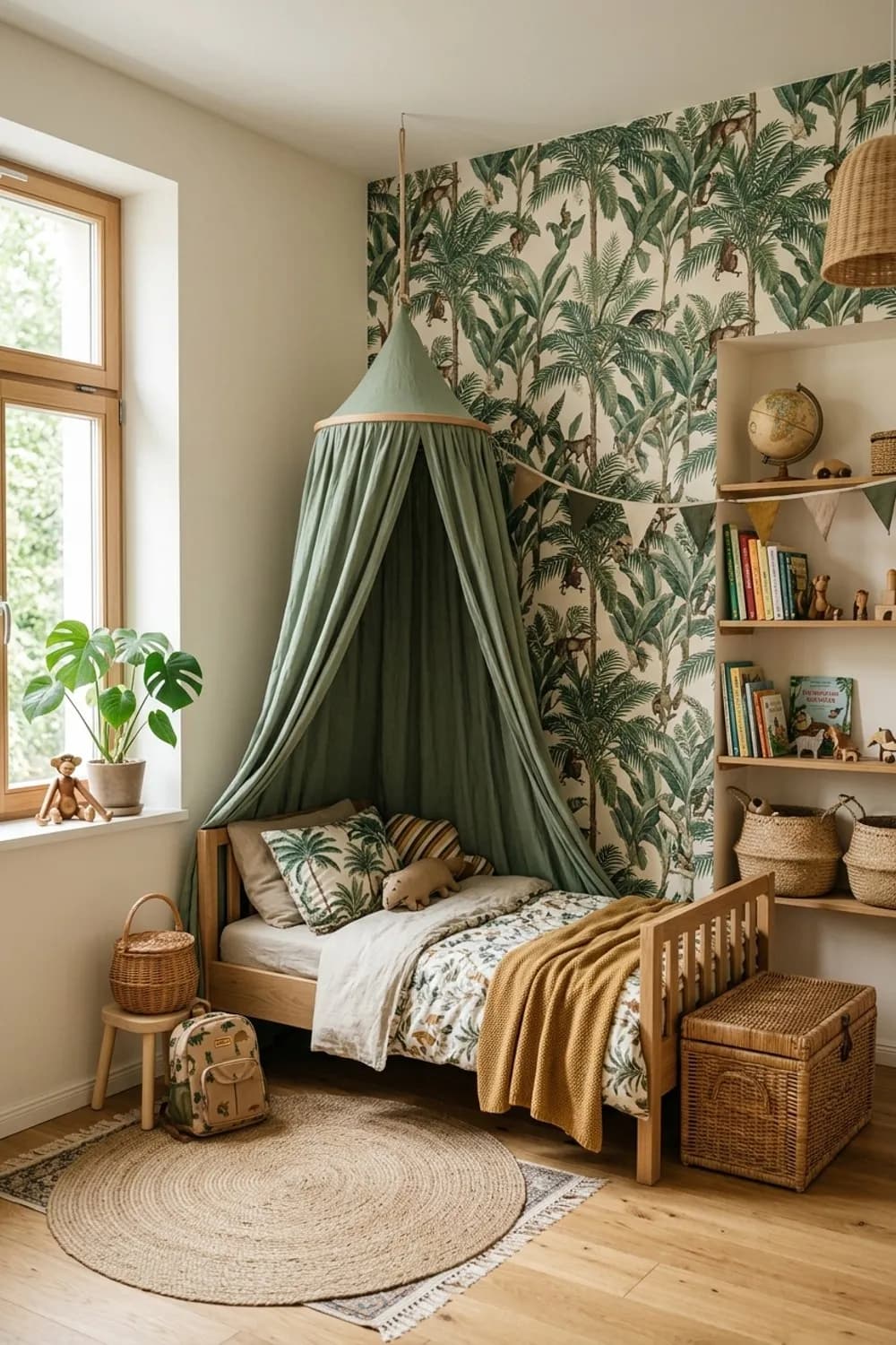 Dschungel-Abenteuer: Motivtapete mit Palmen, Betthimmel in Moosgrün und Korb-Stauraum – Kinderzimmer: Die 13 schönsten Ideen und Inspirationen