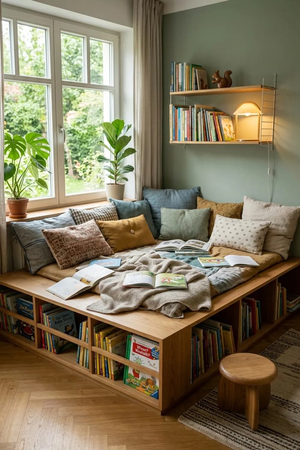 Leseecke mit Podest: Eine erhöhte Ebene, integrierte Bücherregale und viele Kissen – Kinderzimmer: Die 13 schönsten Ideen und Inspirationen