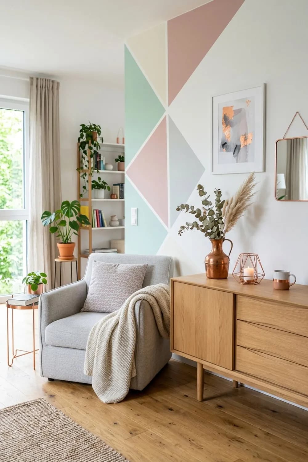 Pastell-Geometrie: Wand mit grafischen Mustern, helle Möbel und Kupfer-Accessoires – Kinderzimmer: Die 13 schönsten Ideen und Inspirationen