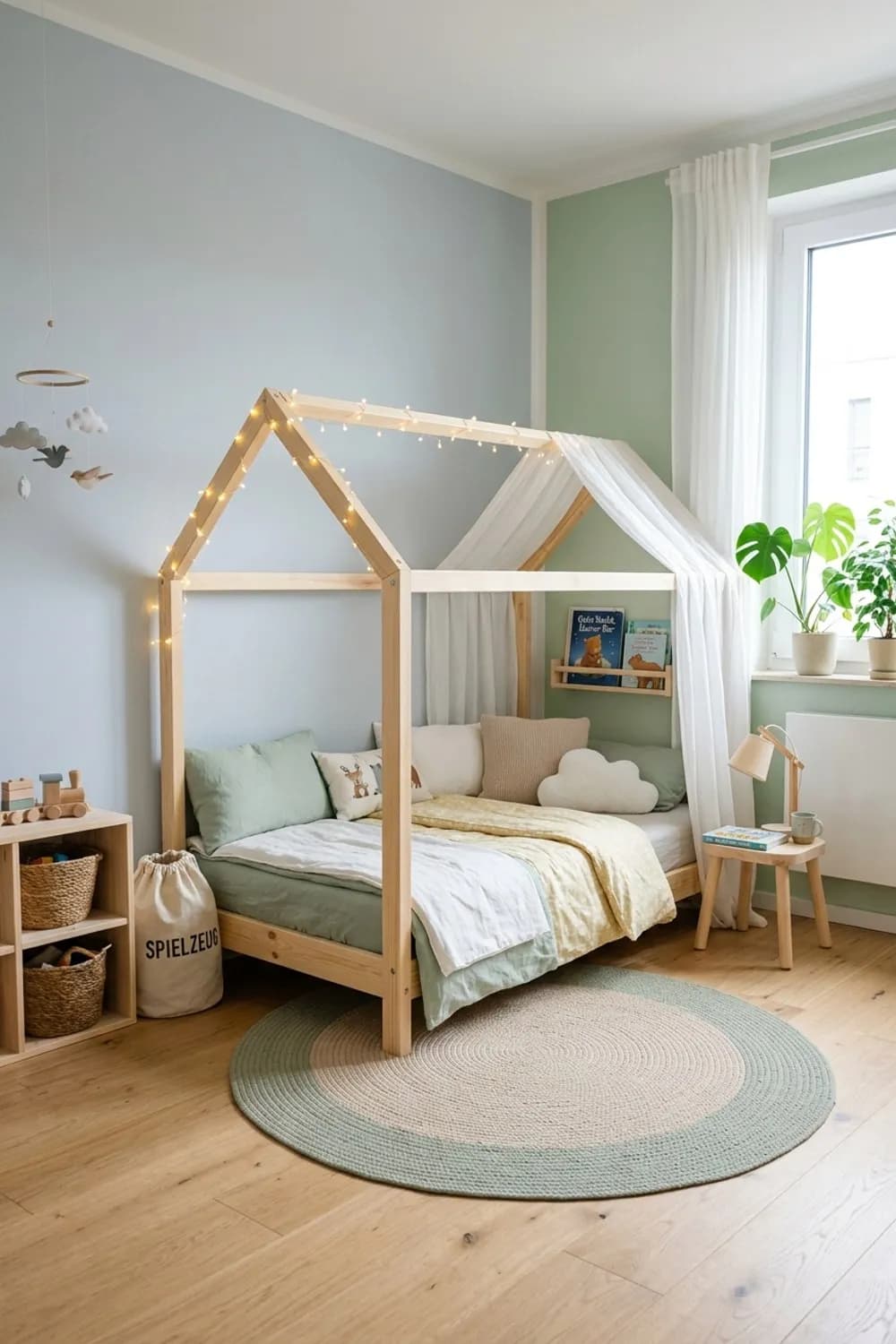 Skandi-Flair: Hausbett aus hellem Holz, weicher Spielteppich und Pastelltöne – Kinderzimmer: Die 13 schönsten Ideen und Inspirationen