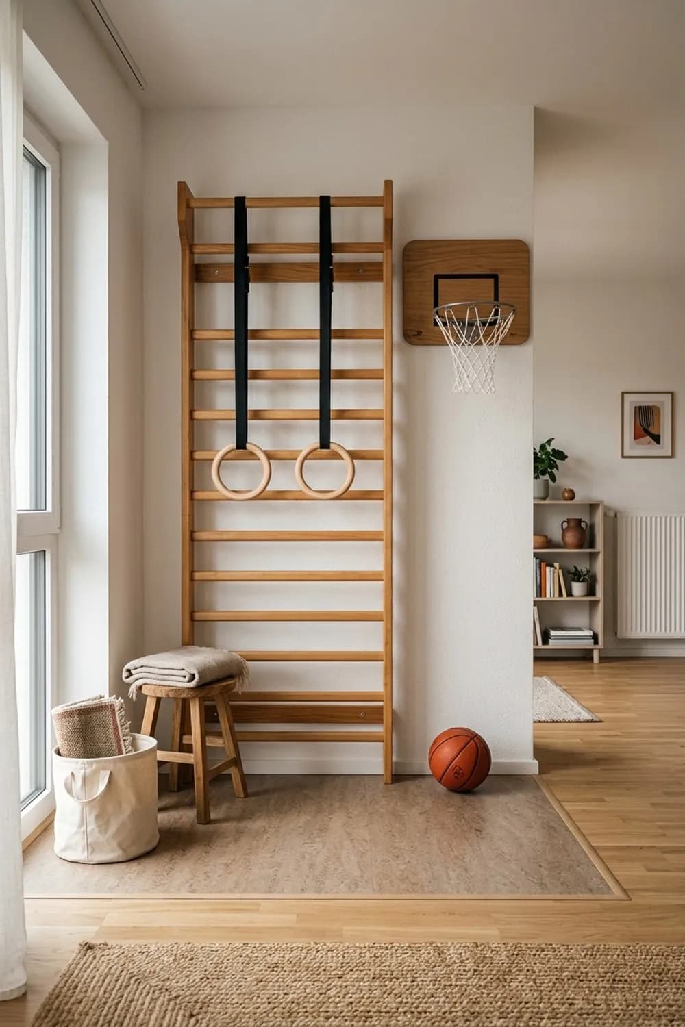Sport-Arena für Aktive: Eine Sprossenwand, ein Basketballkorb und ein robuster Bodenbelag – Kinderzimmer: Die 13 schönsten Ideen und Inspirationen