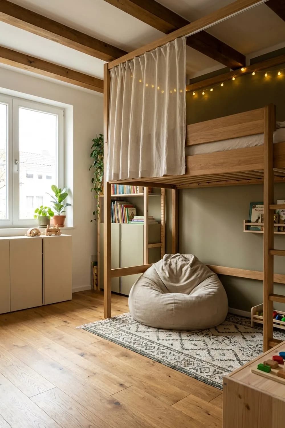 Versteckte Spielhöhle: Hochbett mit Vorhang, Lichterkette und Sitzsack darunter – Kinderzimmer: Die 13 schönsten Ideen und Inspirationen