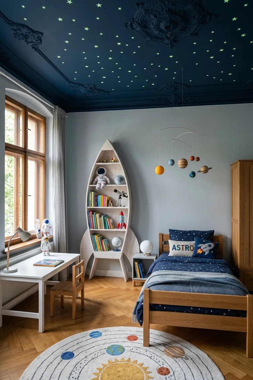 Weltraum-Mission: Sternenhimmel an der Decke, ein Raketen-Regal und Planeten-Mobile – Kinderzimmer: Die 13 schönsten Ideen und Inspirationen