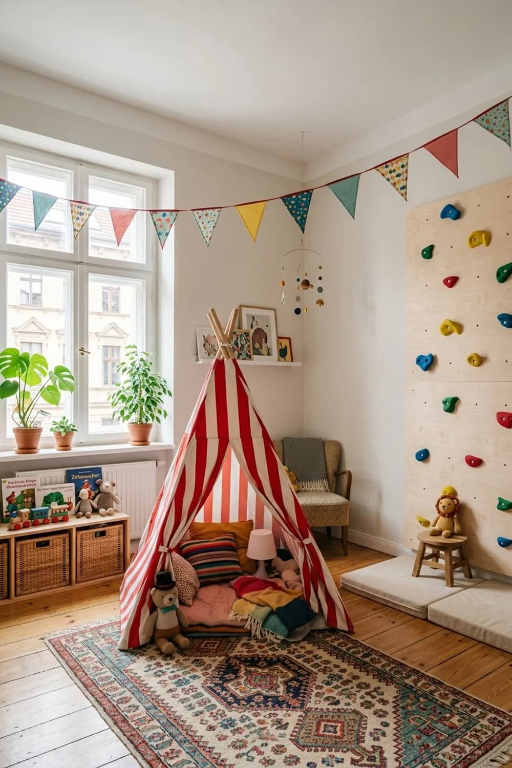 Zirkusmanege: Gestreiftes Spielzelt, bunte Wimpelketten und eine Kletterwand – Kinderzimmer: Die 13 schönsten Ideen und Inspirationen