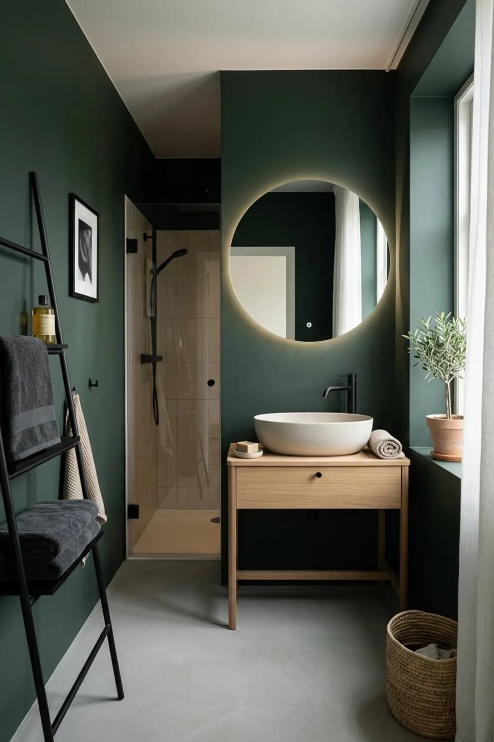 Dramatische Eleganz: Dunkelgrüne Wände, ein freistehendes Waschbecken und gezielte Lichtinseln – Kleines Badezimmer einrichten: Die schönsten Ideen