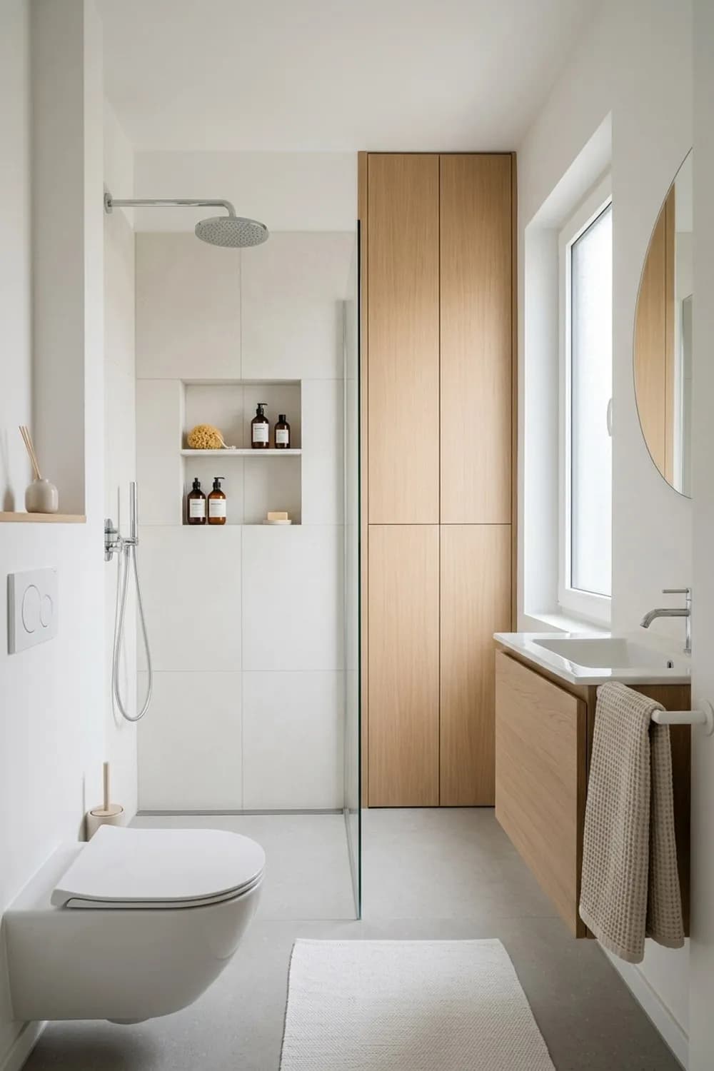 Geniale Nischenlösung: Eingelassene Duschablage, hohe Schränke und einheitliche Farben – Kleines Badezimmer einrichten: Die schönsten Ideen
