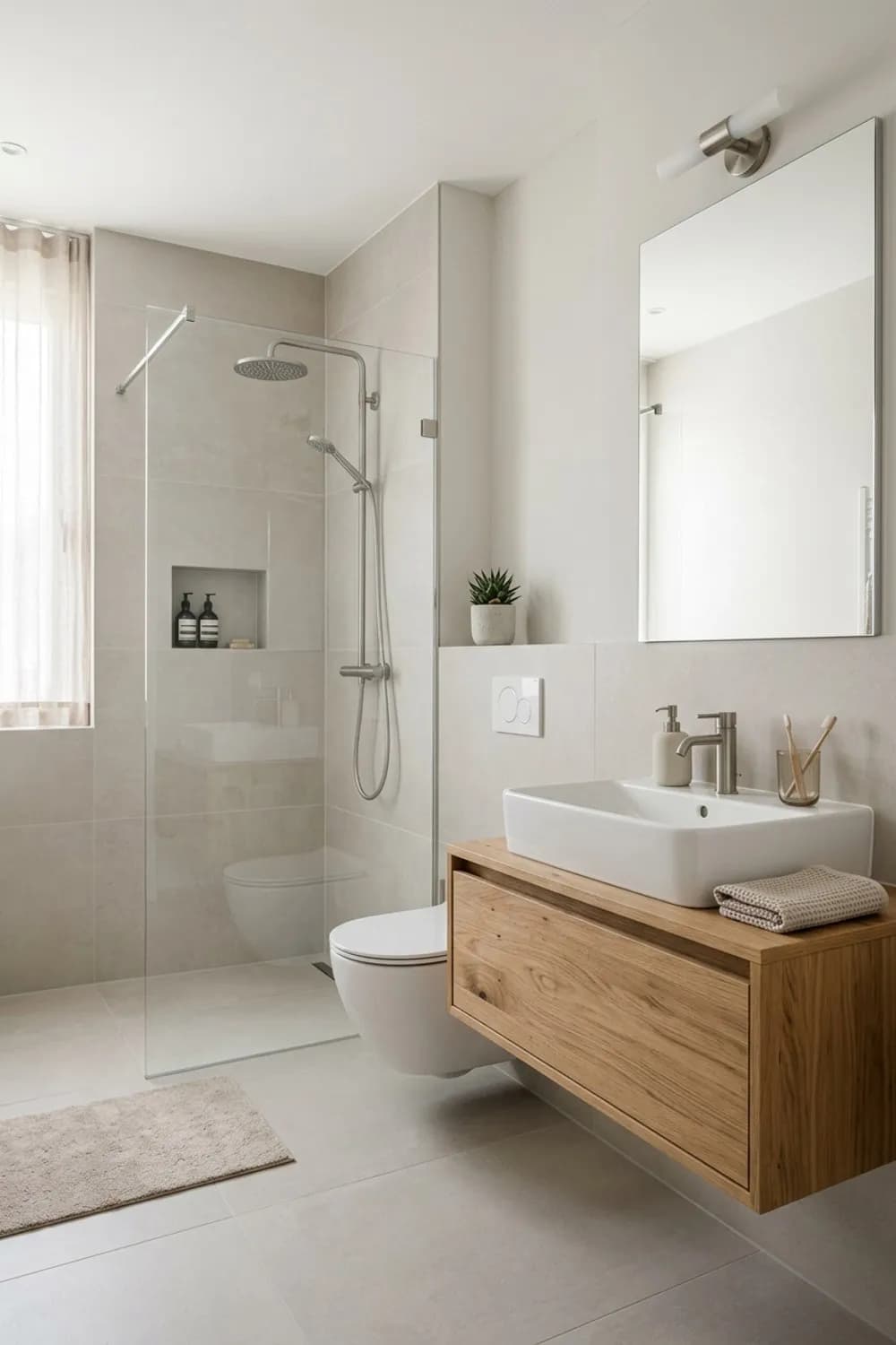 Helle Oase: Großformatige Fliesen, weiße Keramik und Akzente aus Holz – Kleines Badezimmer einrichten: Die schönsten Ideen