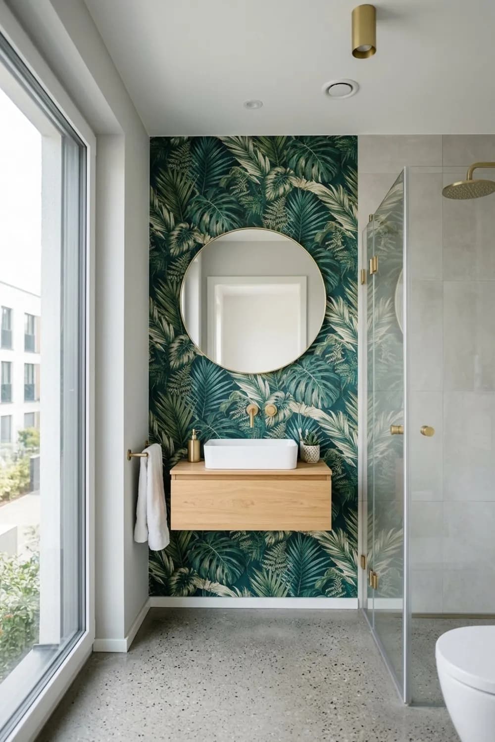 Mut zur Mustertapete: Akzentwand mit botanischem Muster, schmaler Waschtisch und goldene Details – Kleines Badezimmer einrichten: Die schönsten Ideen