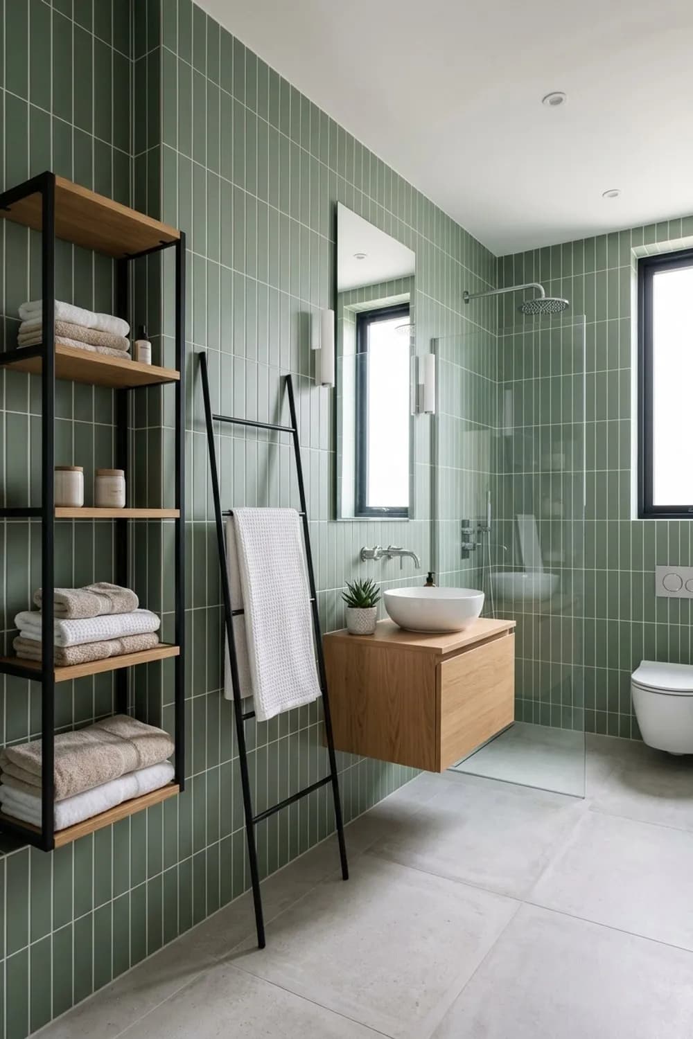 Optische Streckung: Vertikale Fliesen, hohe Regale und eine schmale Leiter als Handtuchhalter – Kleines Badezimmer einrichten: Die schönsten Ideen