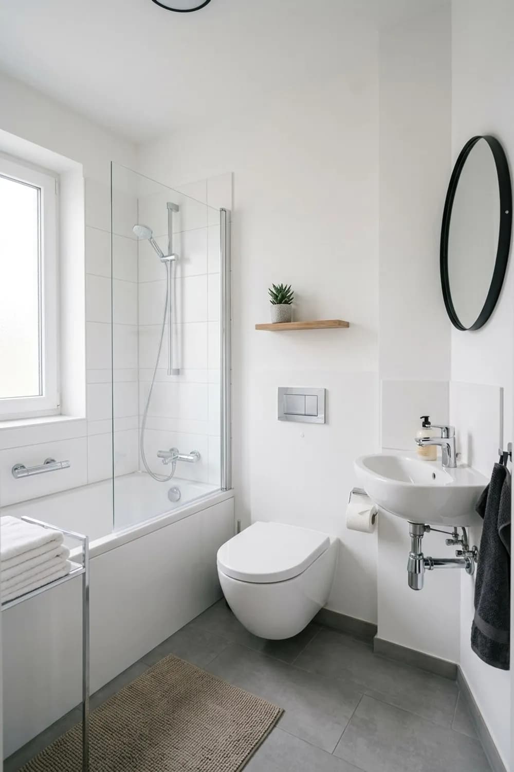 Platzwunder auf engem Raum: Kurze Toilette, Eckwaschbecken und eine multifunktionale Dusch-Badewanne – Kleines Badezimmer einrichten: Die schönsten Ideen