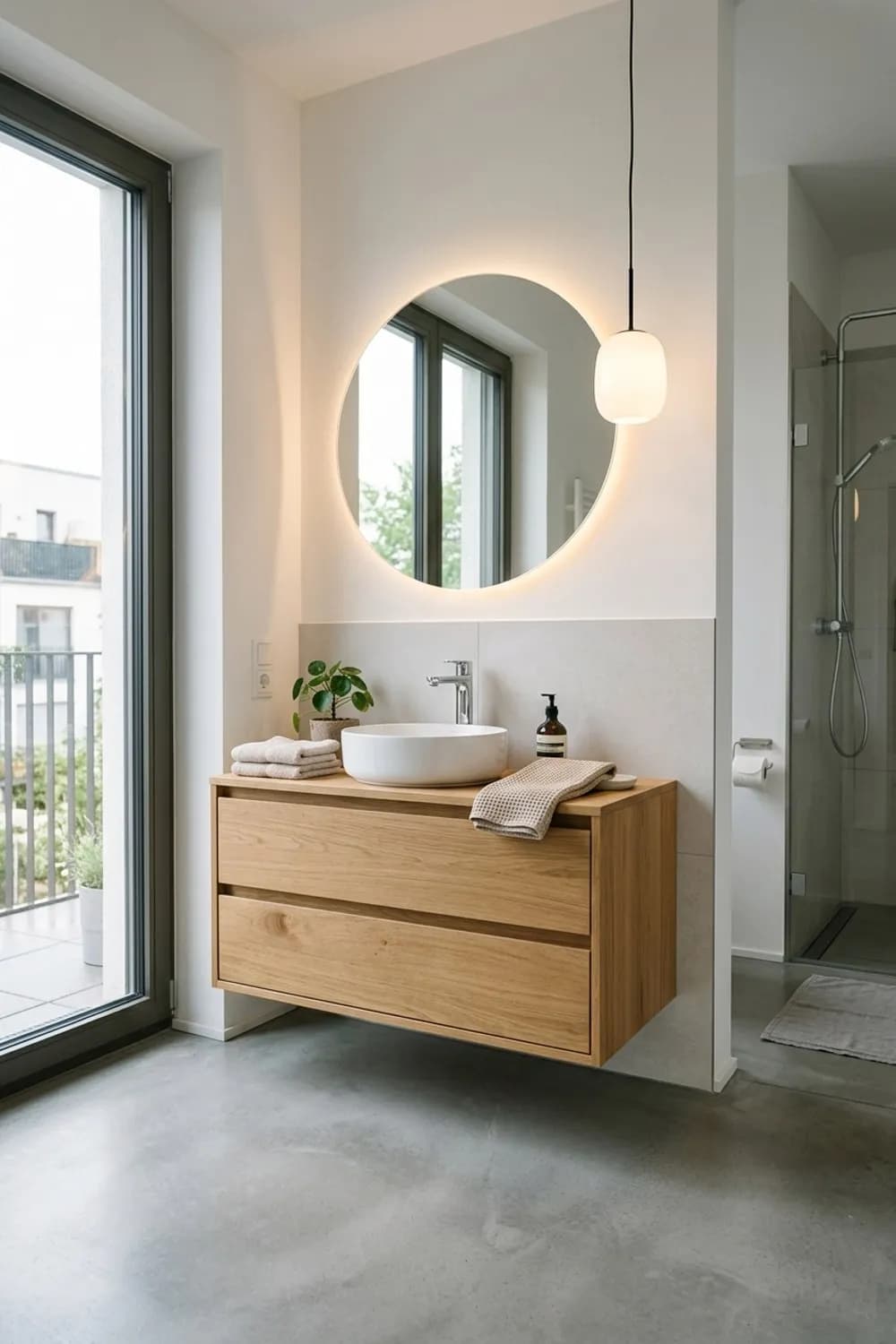 Schwebende Leichtigkeit: Wandhängender Waschtisch, runder Spiegel und indirekte Beleuchtung – Kleines Badezimmer einrichten: Die schönsten Ideen