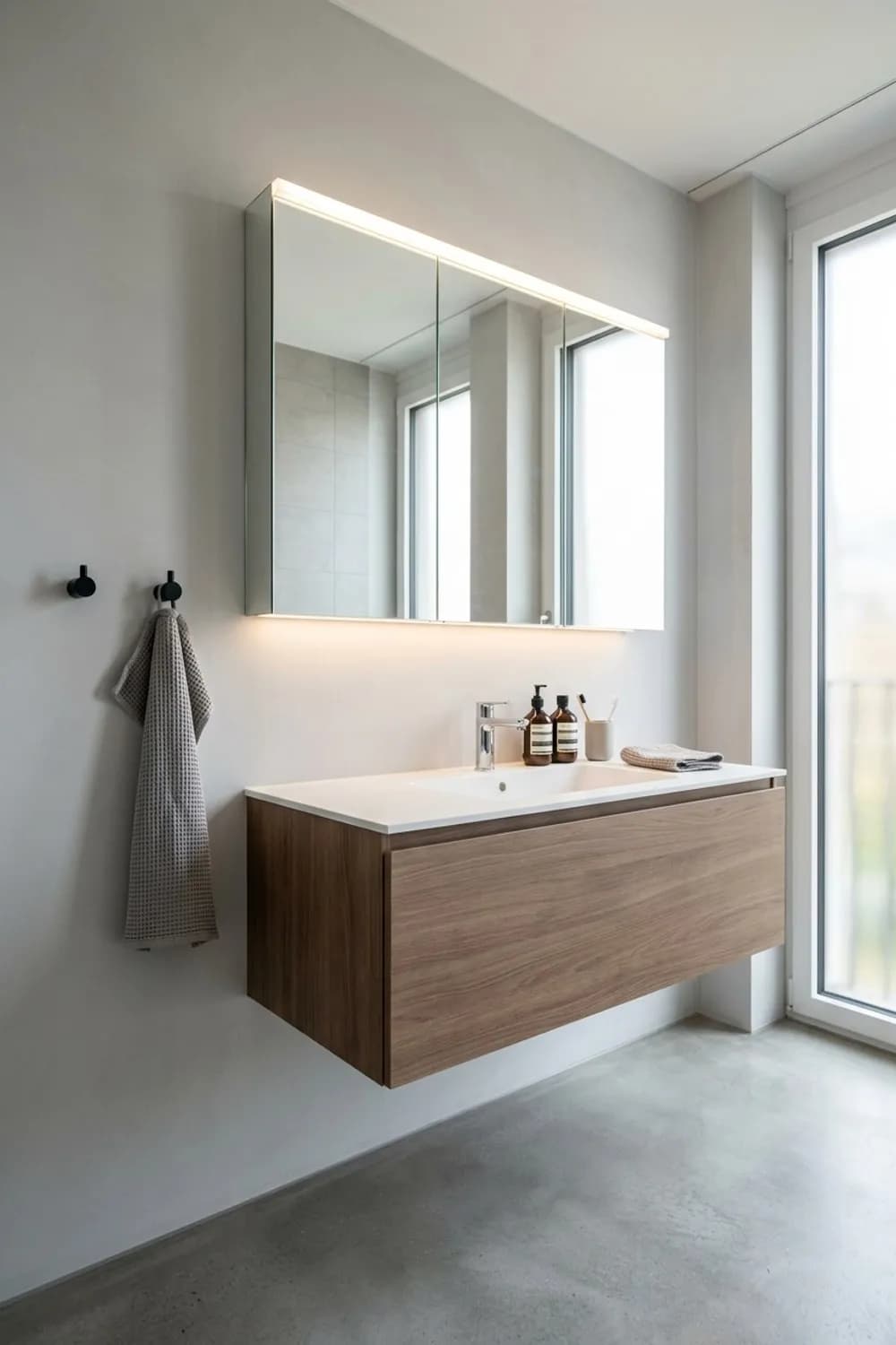 Spiegeltrick für mehr Tiefe: Großer Spiegelschrank, integriertes Licht und minimalistische Wandhaken – Kleines Badezimmer einrichten: Die schönsten Ideen