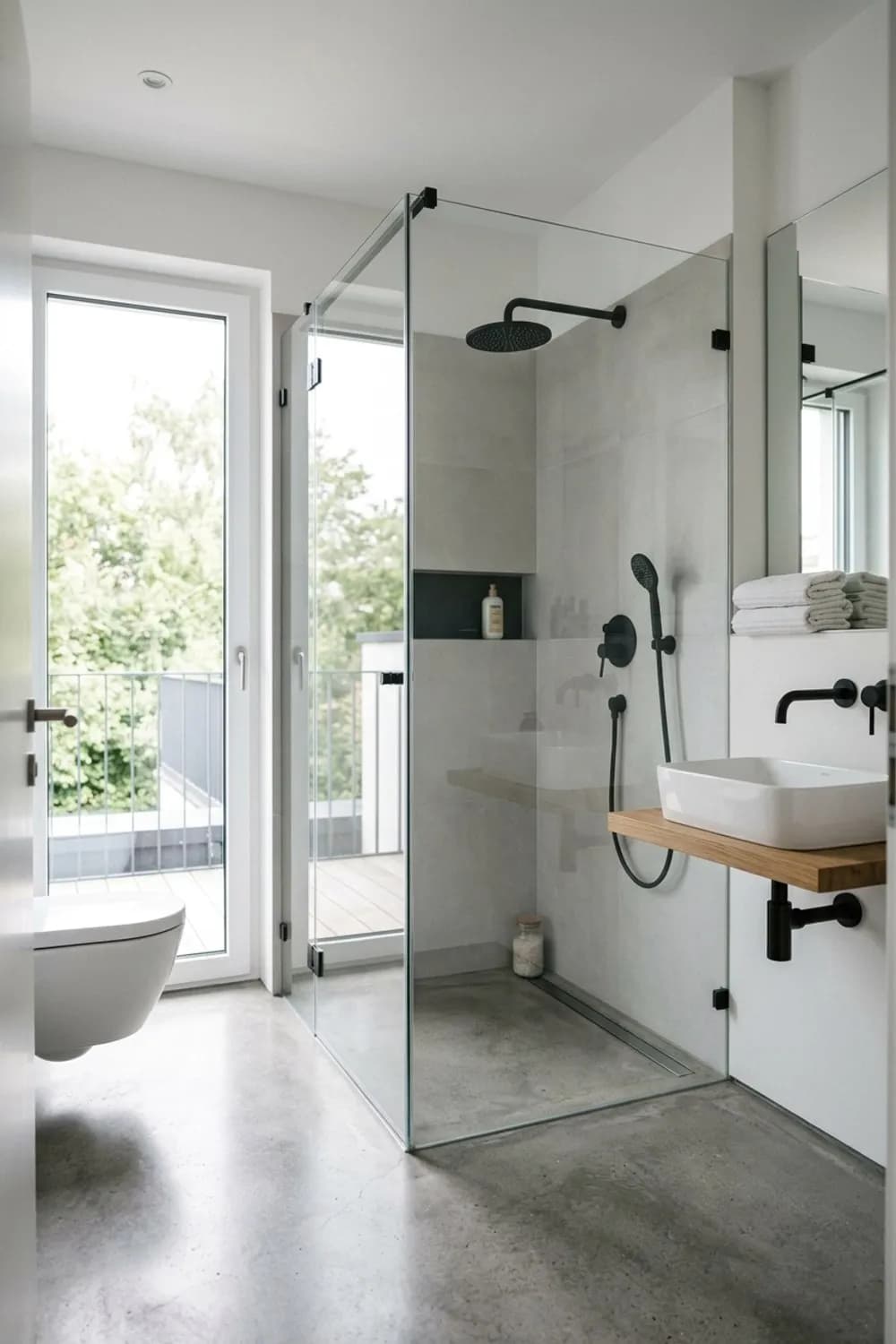 Transparenz schafft Weite: Rahmenlose Glasdusche, bodengleicher Einstieg und dunkle Armaturen – Kleines Badezimmer einrichten: Die schönsten Ideen