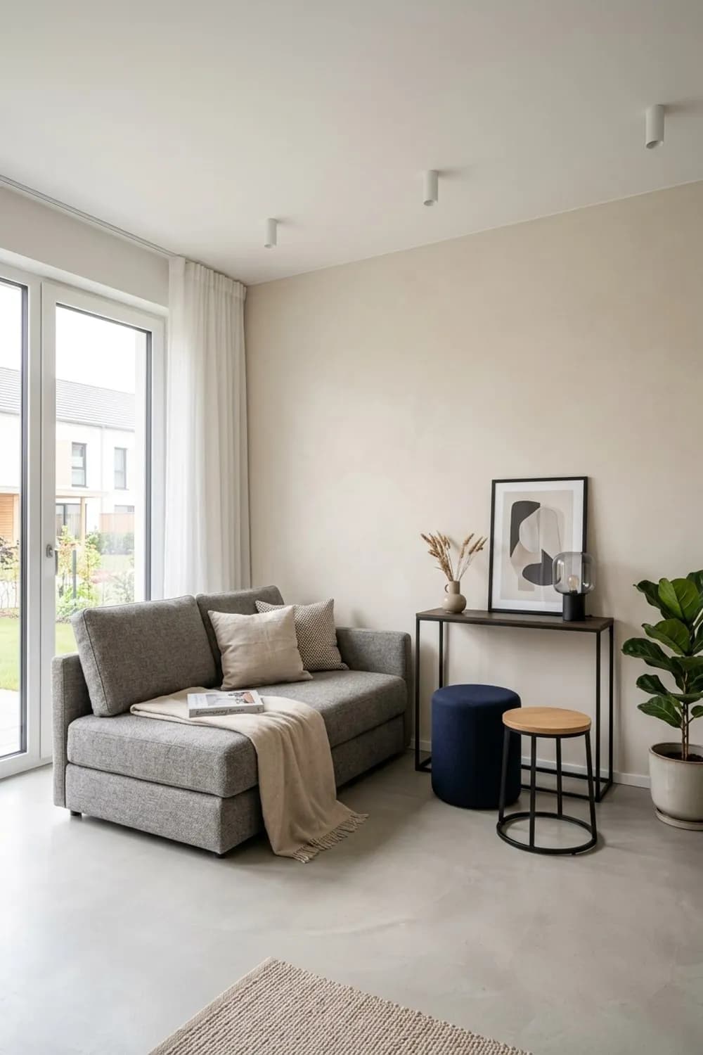 Das Multitalent: Ein Bettsofa, ein schmaler Konsolentisch und flexible Hocker – Kleines Schlafzimmer einrichten: 9 clevere Ideen