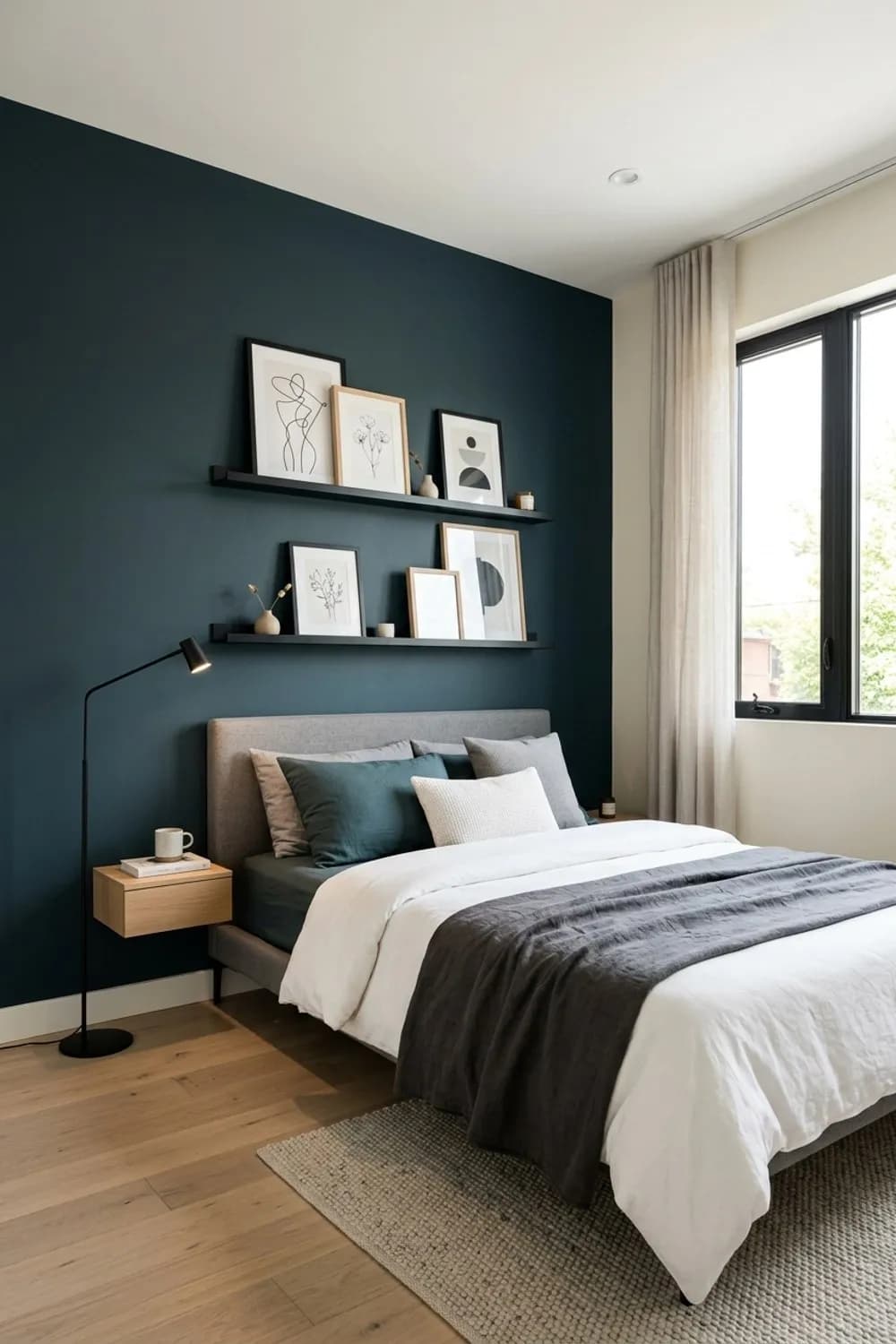 Die Akzentwand: Eine dunkle Farbe hinter dem Bett, filigrane Bilderleisten und eine schlanke Lampe – Kleines Schlafzimmer einrichten: 9 clevere Ideen