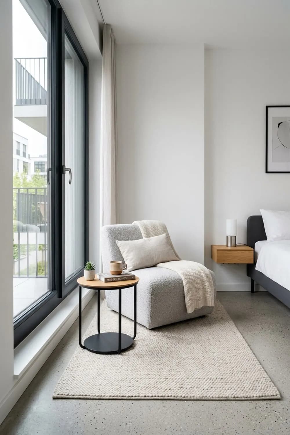 Die gemütliche Ecke: Ein schmaler Sessel, ein runder Beistelltisch und ein weicher Teppich – Kleines Schlafzimmer einrichten: 9 clevere Ideen