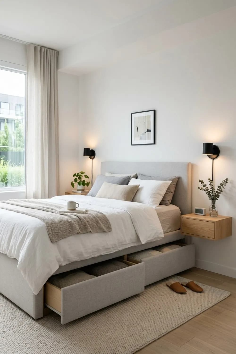 Hoch hinaus: Hohes Bettgestell mit Stauraum, schwebende Nachttische und Wandleuchten – Kleines Schlafzimmer einrichten: 9 clevere Ideen