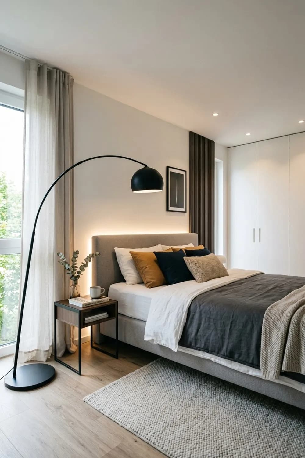 Lichtzauber: Indirekte LED-Strips, eine Bogenlampe und dimmbare Spots – Kleines Schlafzimmer einrichten: 9 clevere Ideen