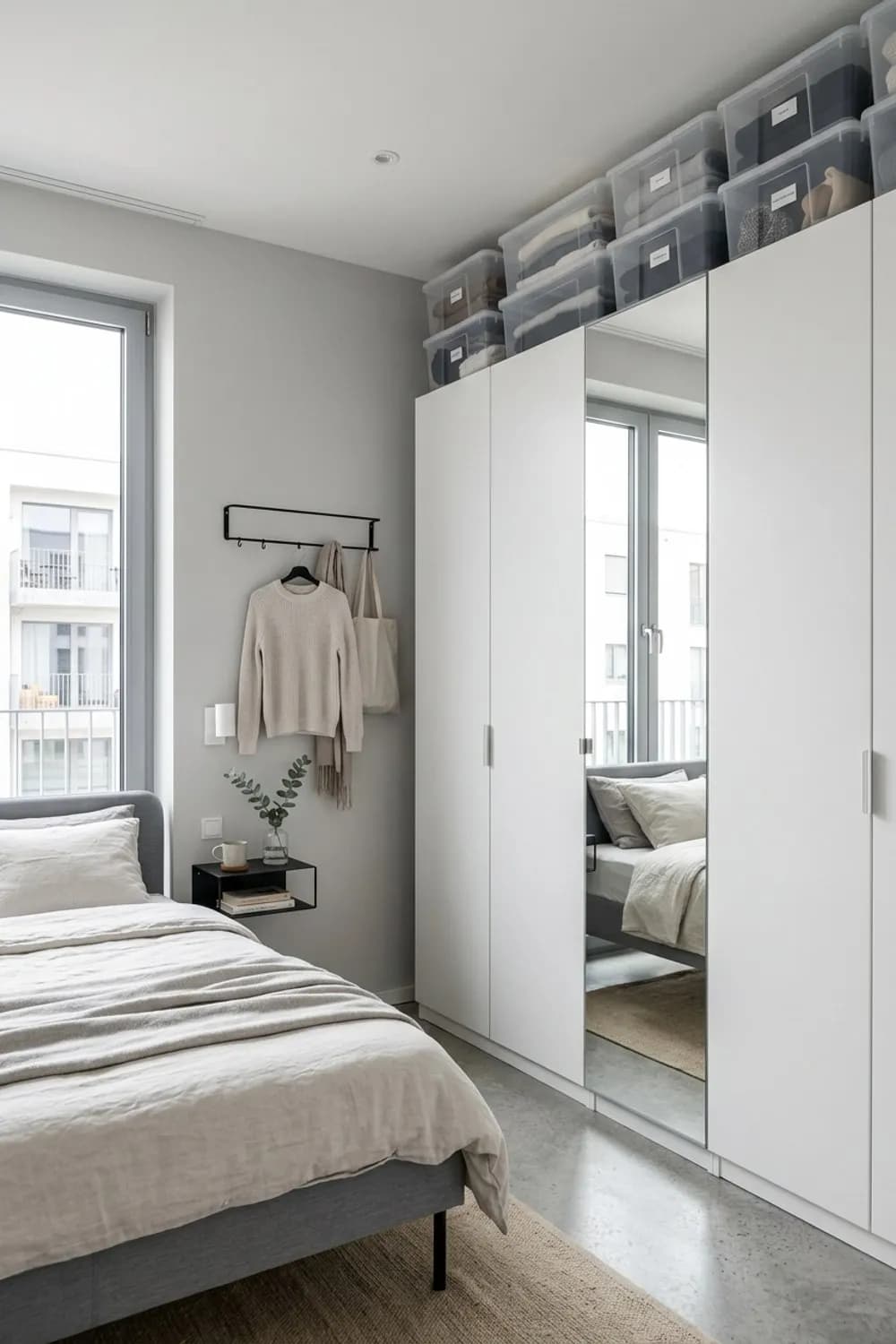 Stauraumwunder: Ein Kleiderschrank bis zur Decke, durchsichtige Boxen und eine Wandgarderobe – Kleines Schlafzimmer einrichten: 9 clevere Ideen