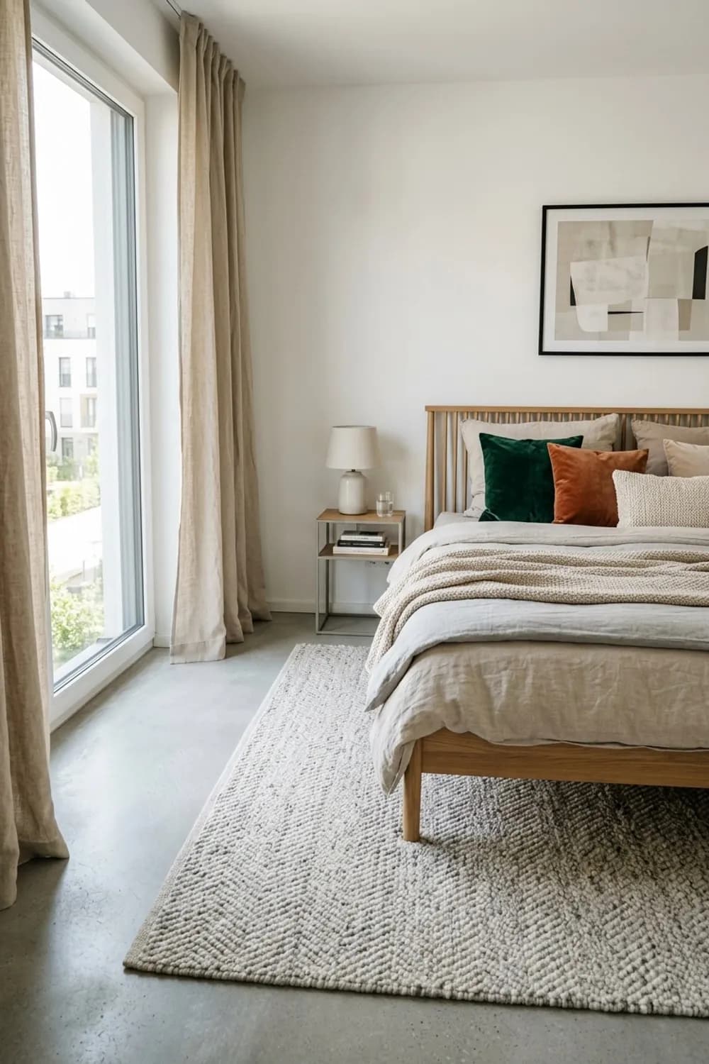 Struktur und Gefühl: Ein Teppich, der unter das Bett ragt, Leinenvorhänge und Kissen aus Samt – Kleines Schlafzimmer einrichten: 9 clevere Ideen