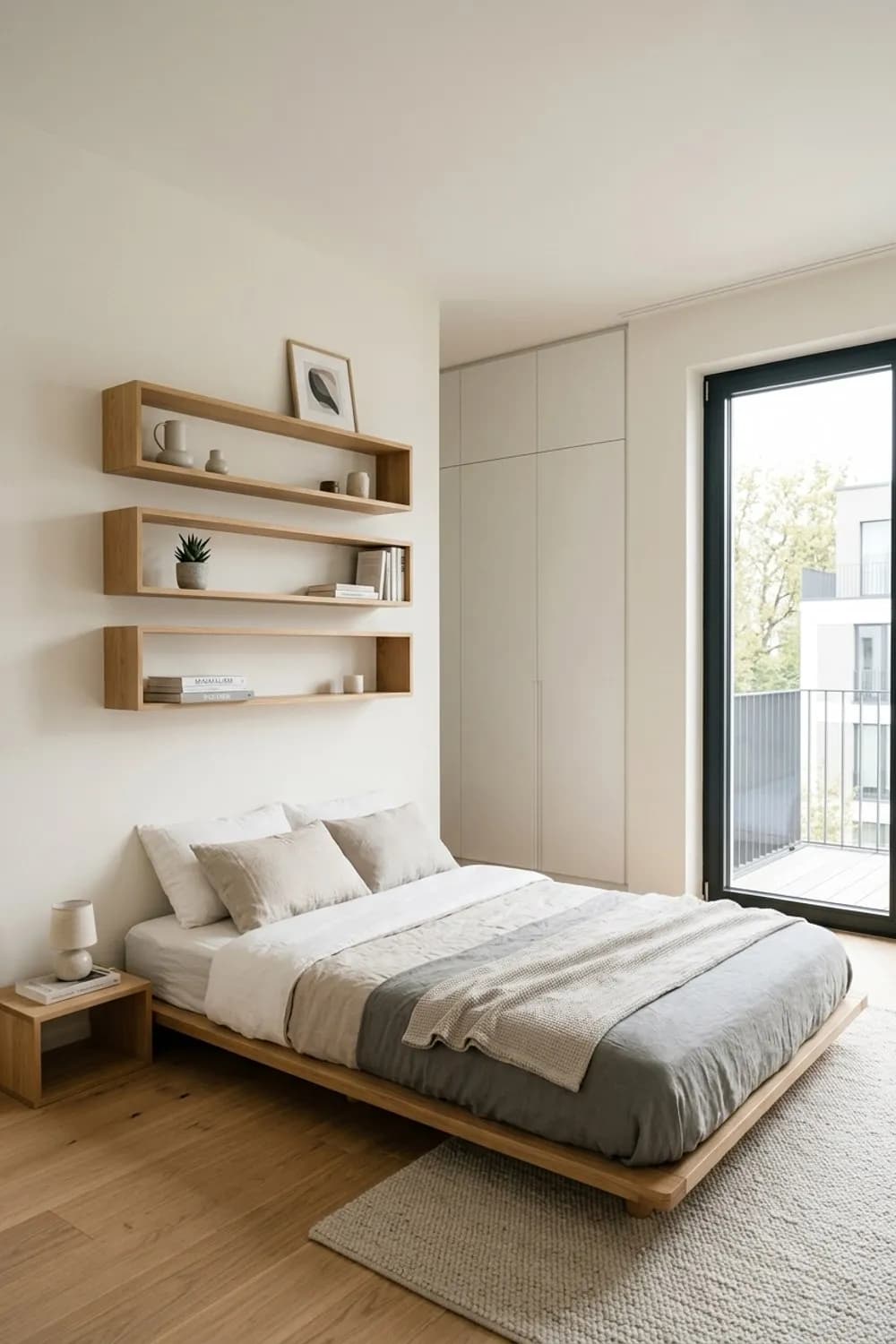 Weniger ist mehr: Ein flaches Futonbett, offene Wandregale und eine reduzierte Farbpalette – Kleines Schlafzimmer einrichten: 9 clevere Ideen