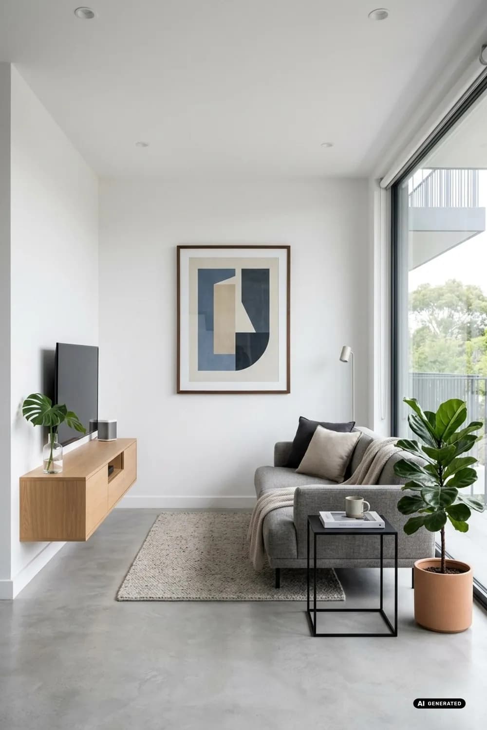 Bewusster Minimalismus: Wenige, große Wandbilder, ausgewählte Pflanzen und eine aufgeräumte Oberfläche – Kleines Wohnzimmer einrichten: 8 clevere Ideen