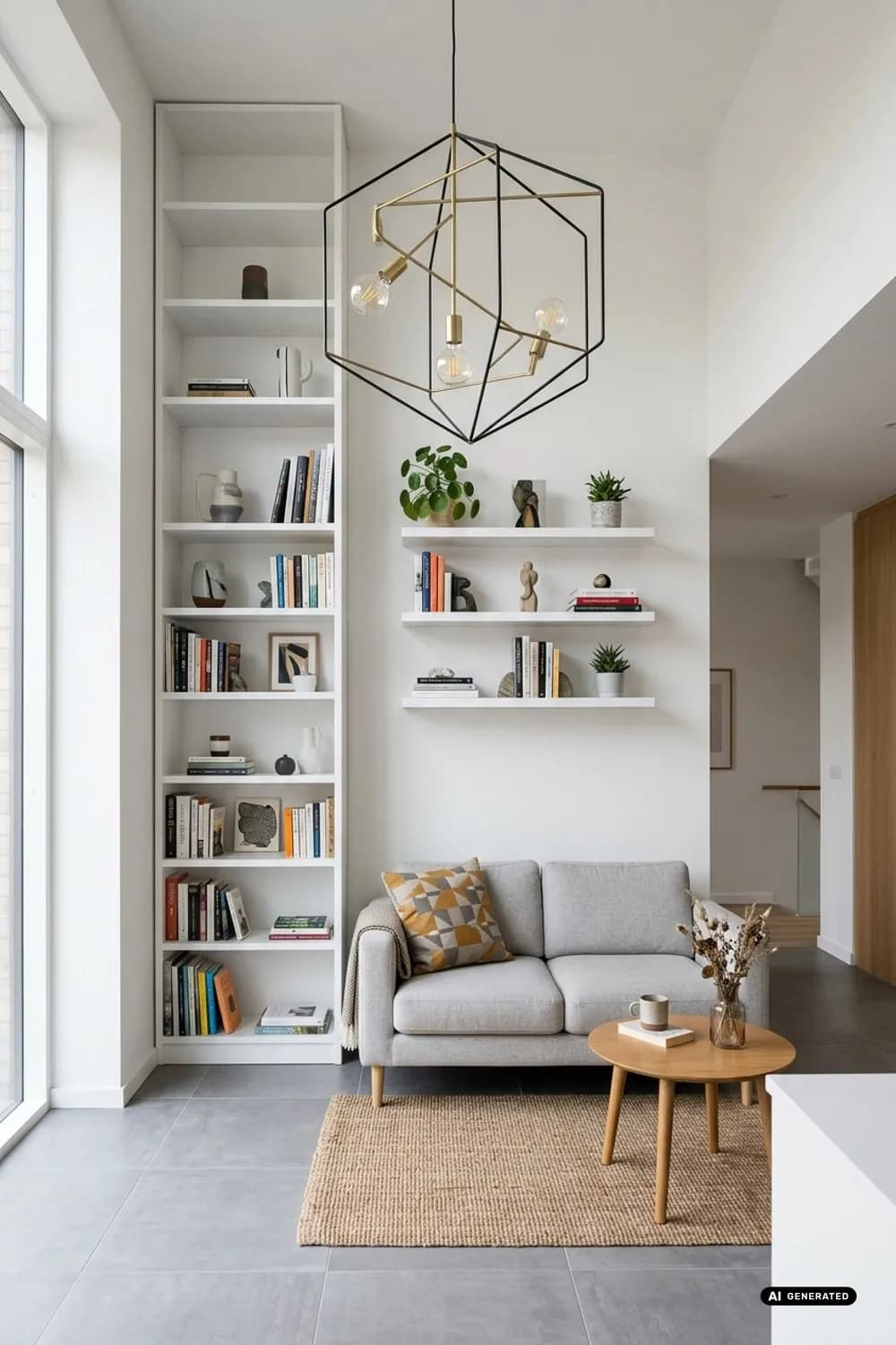 Die Höhe nutzen: Hohe, schmale Bücherregale, schwebende Wandboards und eine Statement-Hängeleuchte – Kleines Wohnzimmer einrichten: 8 clevere Ideen