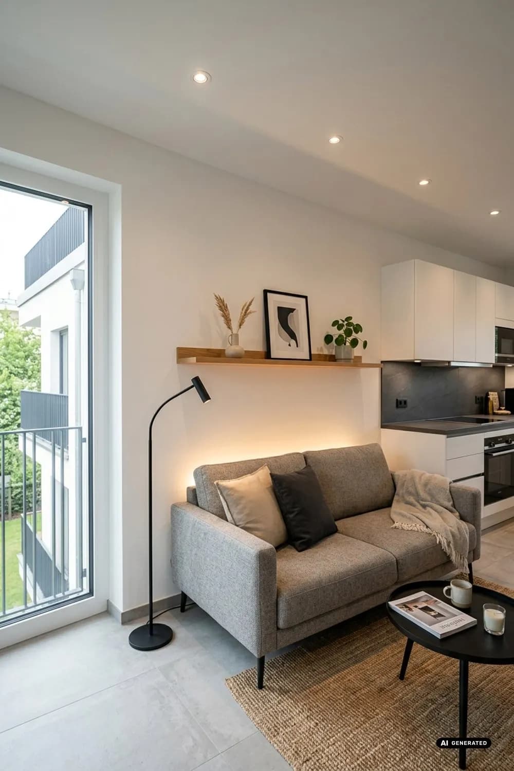 Gezieltes Lichtkonzept: Indirekte Beleuchtung, eine schlanke Stehlampe und dimmbare Spots – Kleines Wohnzimmer einrichten: 8 clevere Ideen