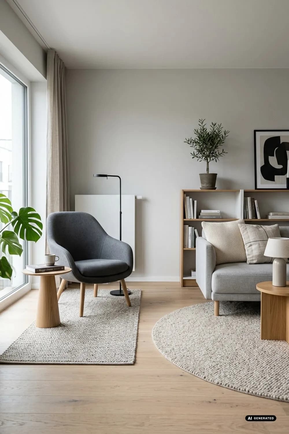 Inseln schaffen: Ein runder Teppich unter der Sitzecke, ein kleiner Läufer und ein Sessel als Leseecke – Kleines Wohnzimmer einrichten: 8 clevere Ideen