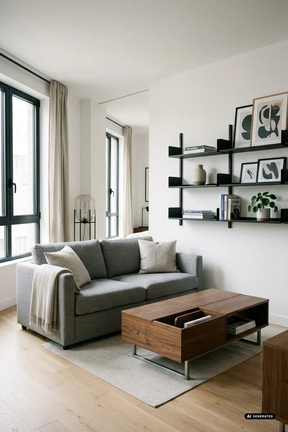Multifunktionale Raumwunder: Ein Schlafsofa, ein Couchtisch mit Stauraum und modulare Regale – Kleines Wohnzimmer einrichten: 8 clevere Ideen