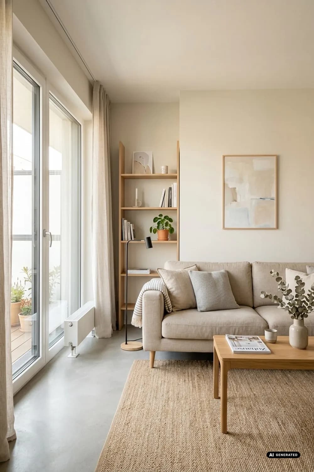 Skandinavische Leichtigkeit: Helle Wandfarben, ein beiges Sofa und Akzente aus hellem Holz – Kleines Wohnzimmer einrichten: 8 clevere Ideen