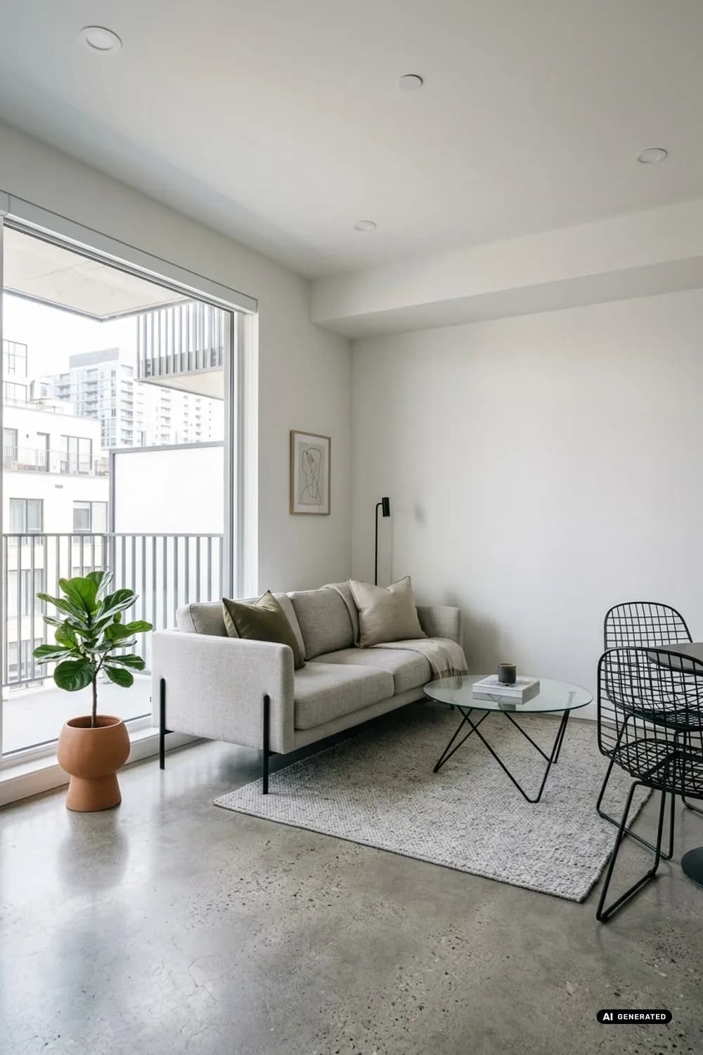 Zarte Silhouetten: Ein Sofa mit schlanken Füßen, ein Couchtisch aus Glas und Stühle mit Gitterlehnen – Kleines Wohnzimmer einrichten: 8 clevere Ideen