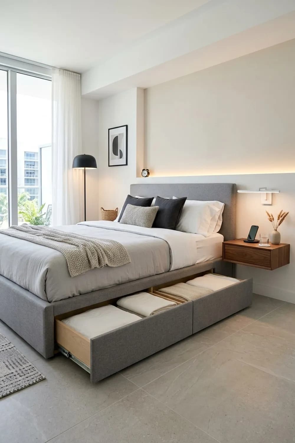 Funktionale Ästhetik: Bett mit integriertem Stauraum, schwebende Nachttische und smarte Lichtsteuerung – Modernes Schlafzimmer-Design: 8 schöne Ideen