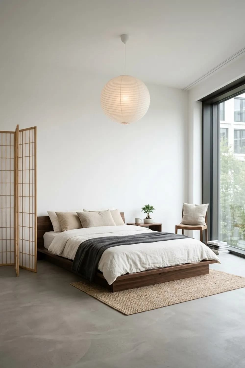 Japandi-Harmonie: Futonbett, Reispapier-Leuchte und ein Paravent aus Bambus – Modernes Schlafzimmer-Design: 8 schöne Ideen