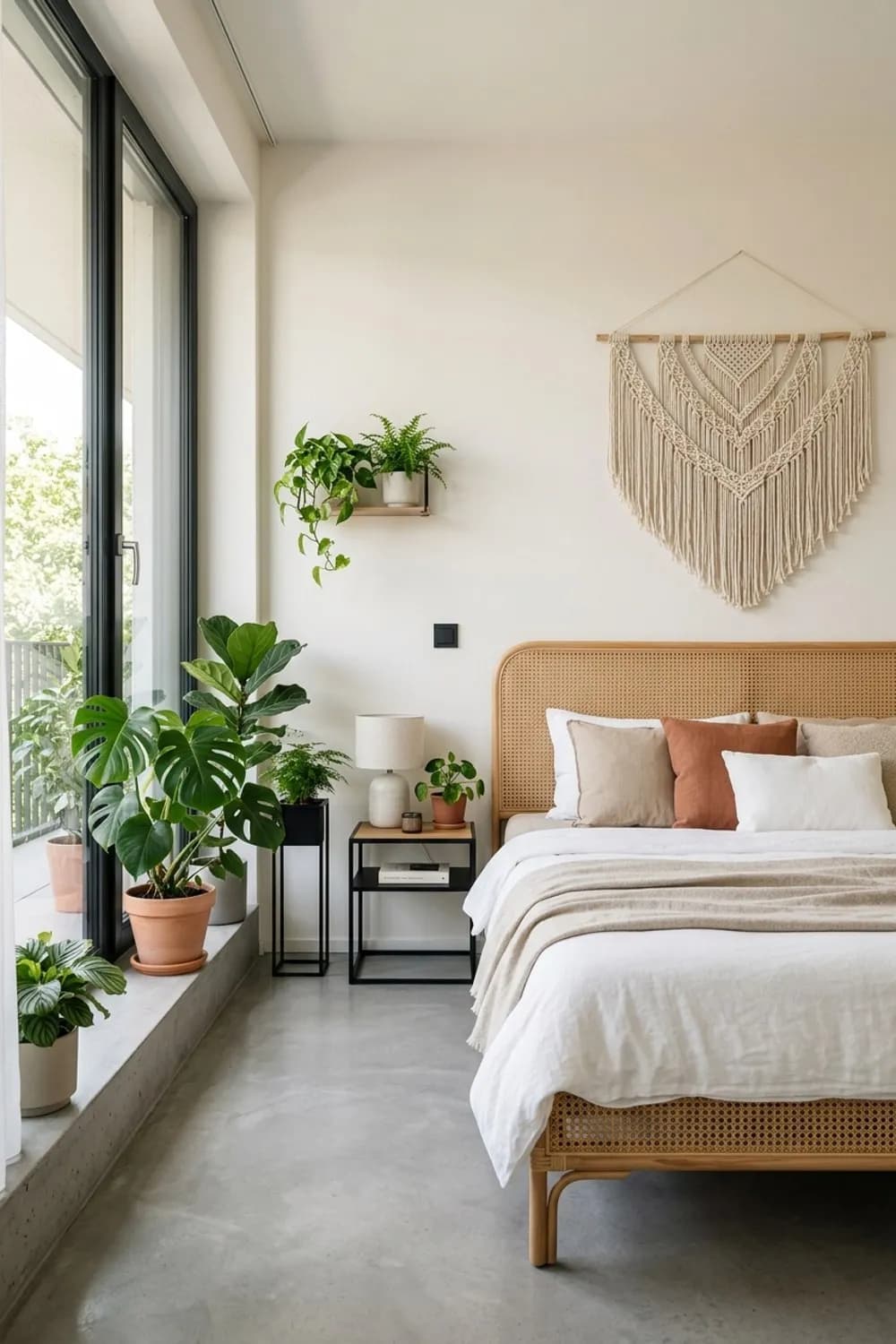 Moderner Boho-Stil: Rattan-Bettgestell, Makramee-Wandbehang und viele Grünpflanzen – Modernes Schlafzimmer-Design: 8 schöne Ideen