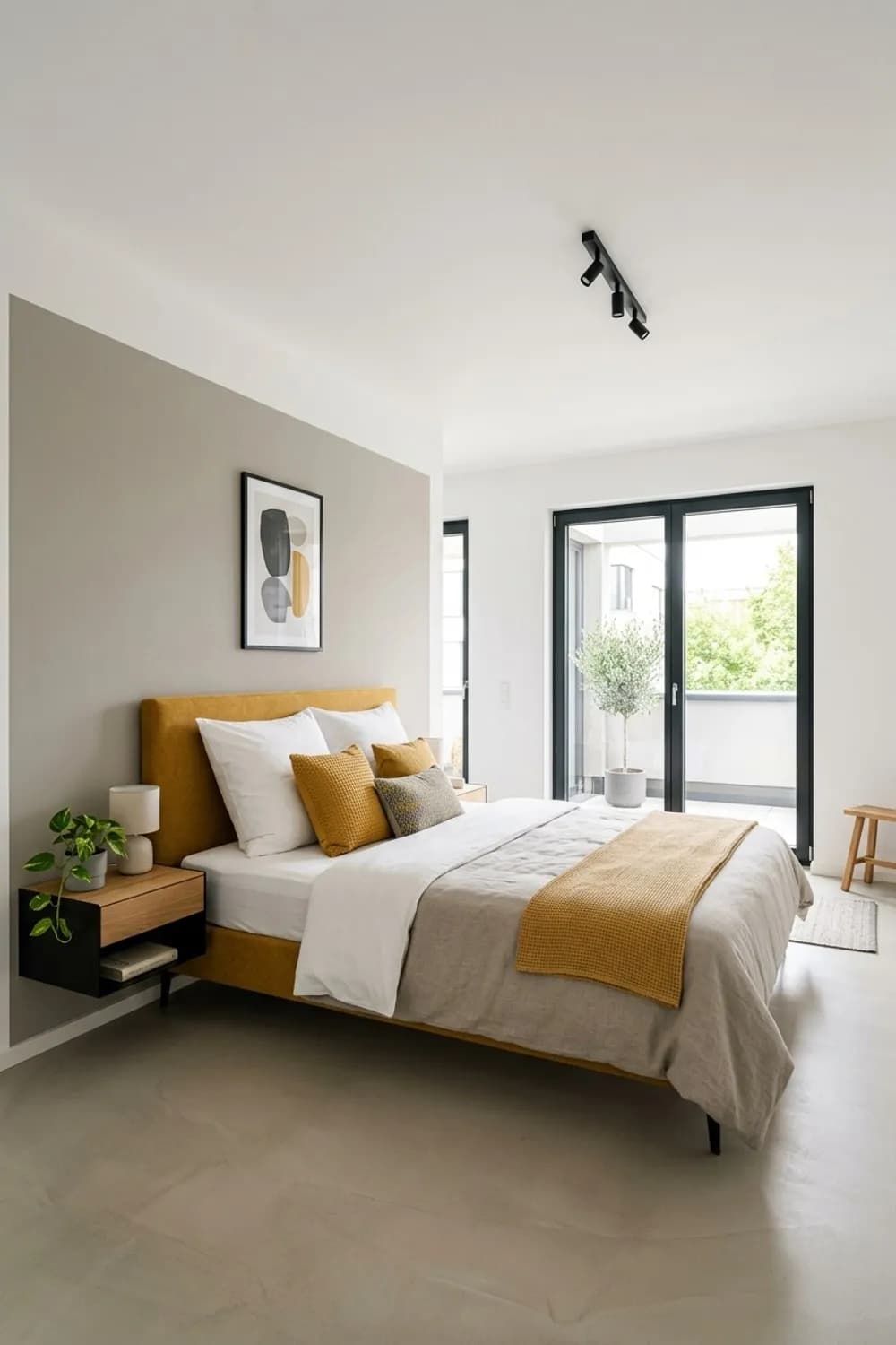 Mut zur Farbe: Neutrale Basis, ein Bett mit senfgelbem Kopfteil und passende Dekokissen – Modernes Schlafzimmer-Design: 8 schöne Ideen