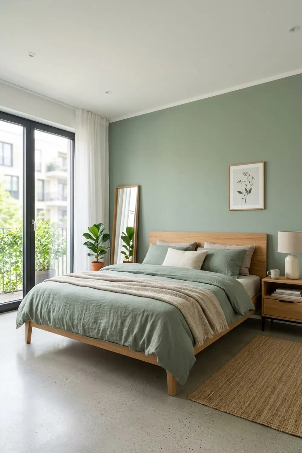 Natürlicher Rückzugsort: Salbeigrüne Wand, Möbel aus Eichenholz und Bettwäsche aus Leinen – Modernes Schlafzimmer-Design: 8 schöne Ideen