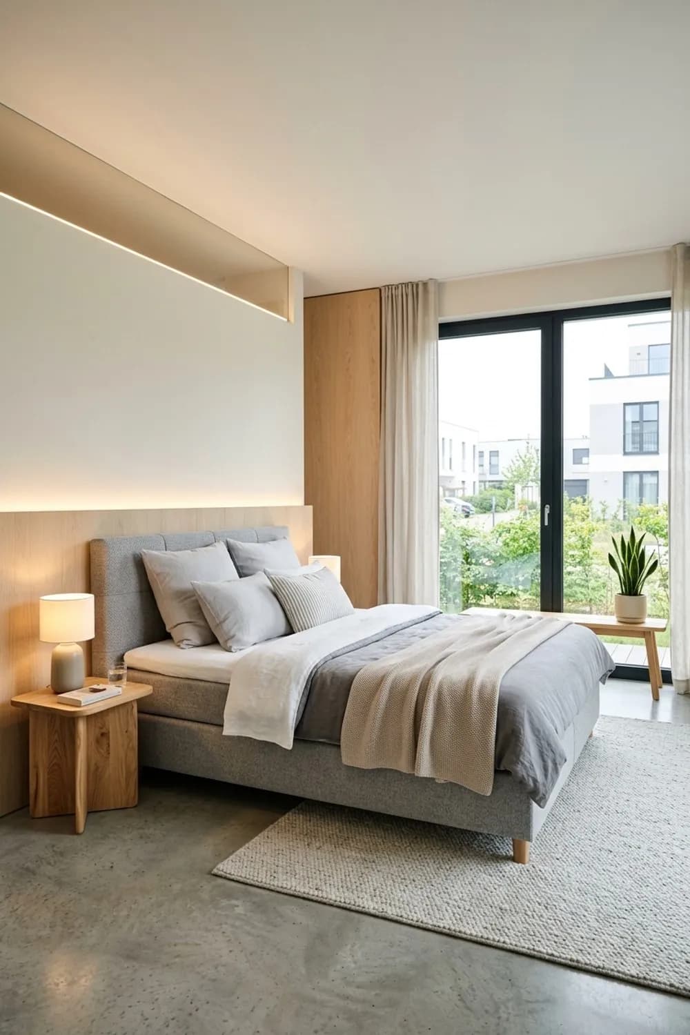 Skandinavische Leichtigkeit: Boxspringbett in Grau, helle Holzakzente und indirekte Beleuchtung – Modernes Schlafzimmer-Design: 8 schöne Ideen
