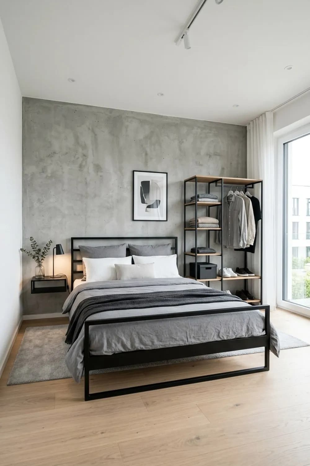 Urbaner Loft-Charme: Bett aus Metall, offenes Kleiderregal und eine Wand in Betonoptik – Modernes Schlafzimmer-Design: 8 schöne Ideen