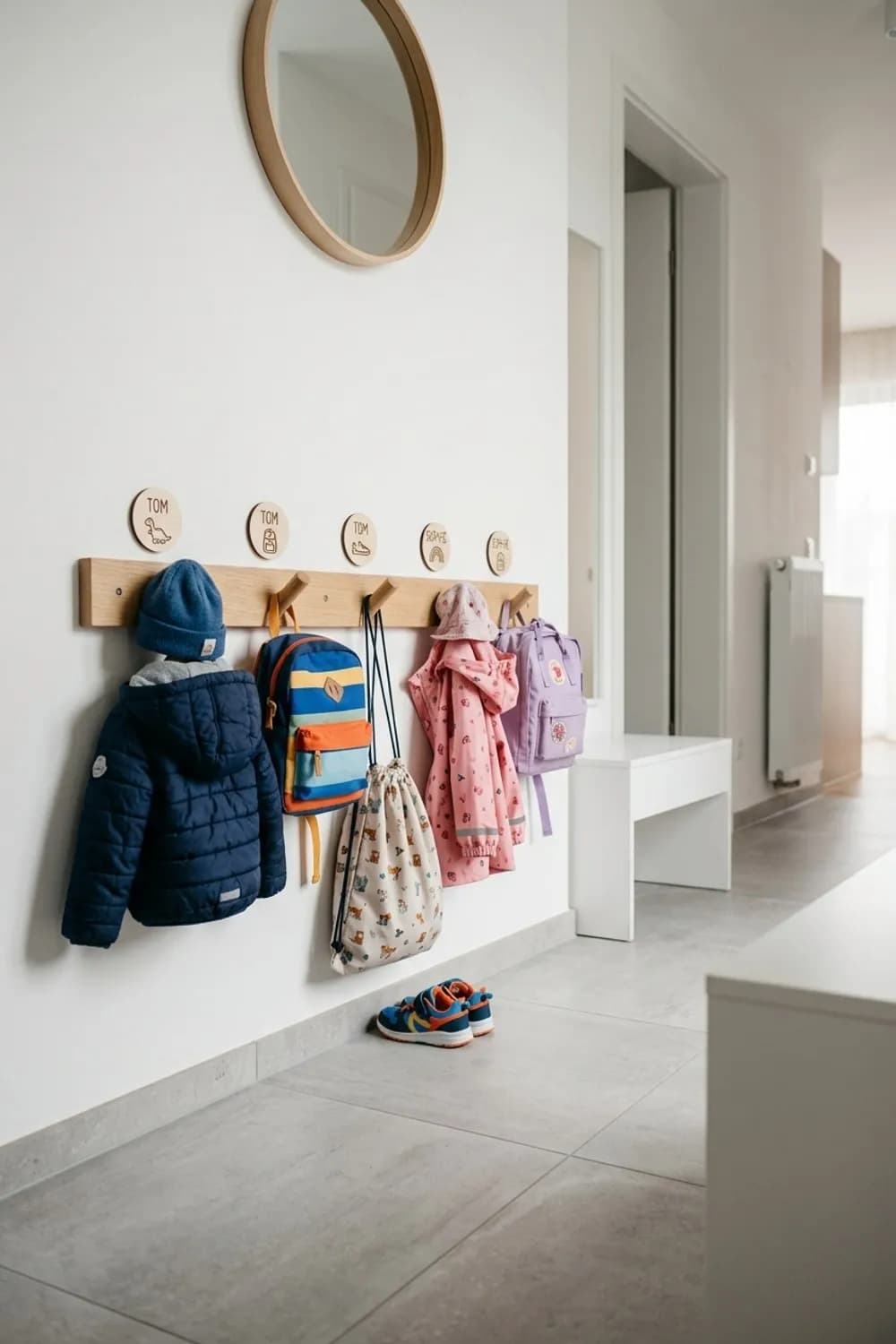 Beschriftete Kleiderhaken: Garderobenleiste, Namensschilder und Alltagskleidung – Organisation im Kinderzimmer: 8 clevere Ideen