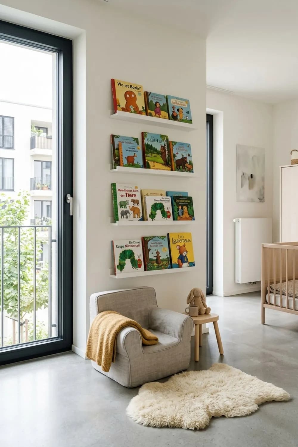 Bilderbuch-Wandregal: Schmale Bilderleisten, Frontalpräsentation und Leseecke – Organisation im Kinderzimmer: 8 clevere Ideen