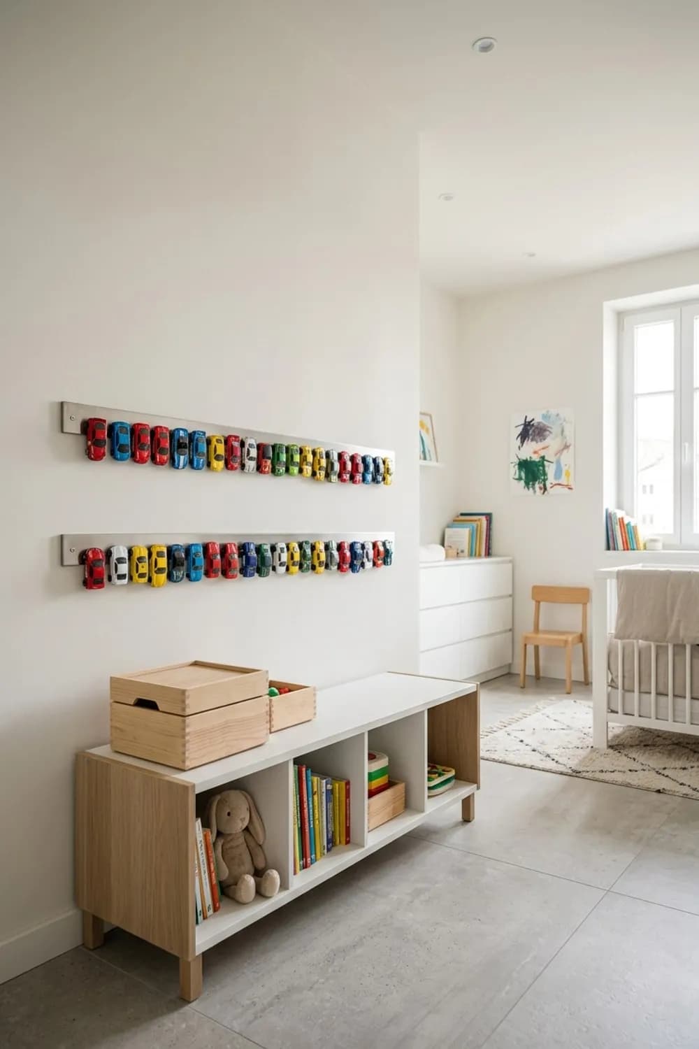 Magnetische Messerleiste für Spielzeugautos: Metallschiene, starke Magnete und Wandpräsentation – Organisation im Kinderzimmer: 8 clevere Ideen