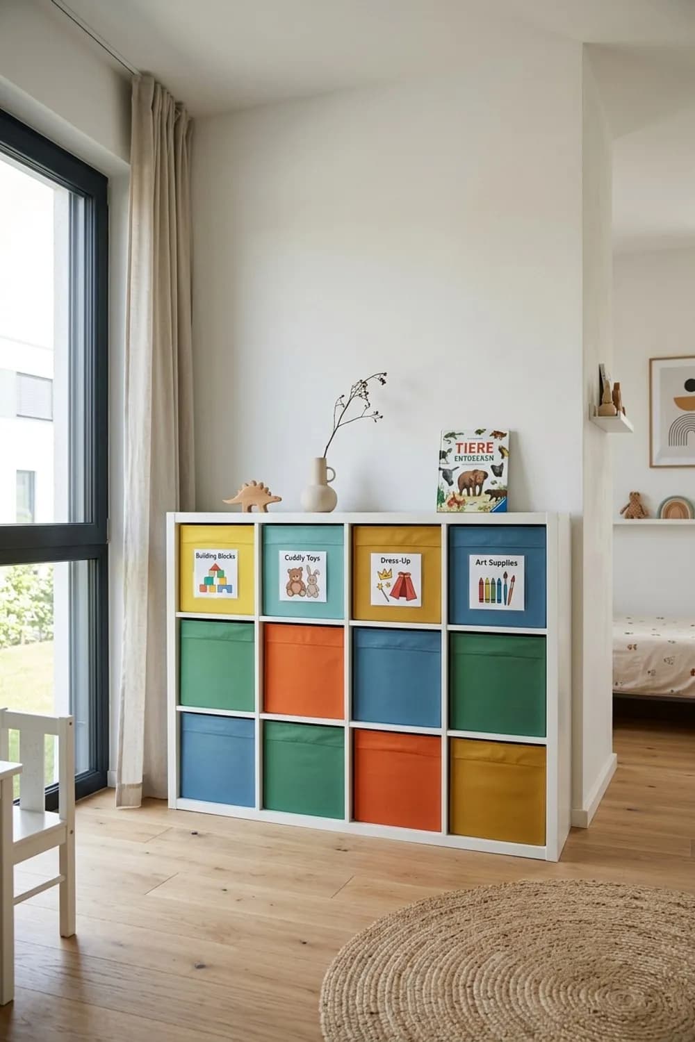 Offenes Regalsystem mit Stoffboxen: Kallax-Regal, farbige Aufbewahrungsboxen und Bilderlabels – Organisation im Kinderzimmer: 8 clevere Ideen