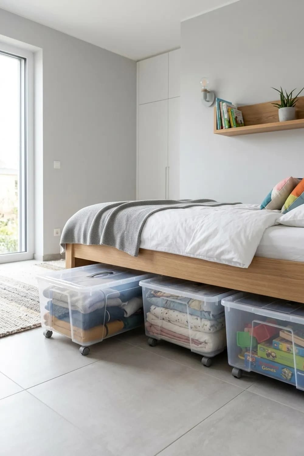 Rollcontainer unter dem Bett: Flache Aufbewahrungsboxen mit Rollen, Bettkästen und saisonale Kleidung – Organisation im Kinderzimmer: 8 clevere Ideen