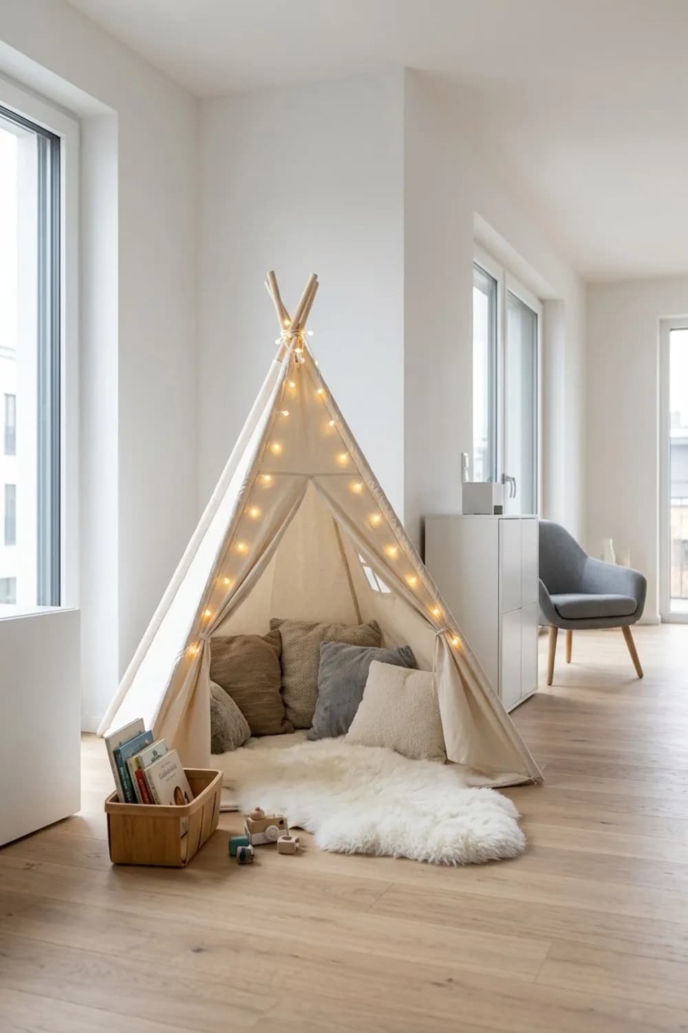 Das Tipi als Rückzugsort: Stoffzelt mit Lichterkette, Kissen und einer Lammfelldecke – Spielecke im Wohnzimmer: 11 schöne Ideen