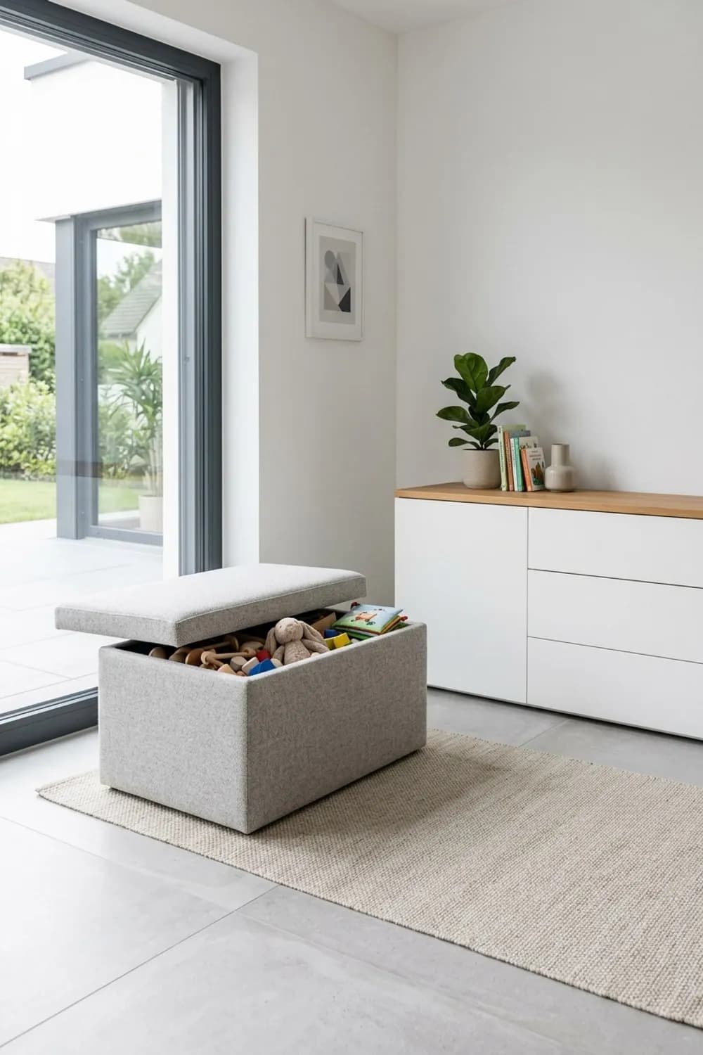 Der unsichtbare Stauraum: Eleganter Sitzhocker mit Deckel und ein tiefes Sideboard – Spielecke im Wohnzimmer: 11 schöne Ideen