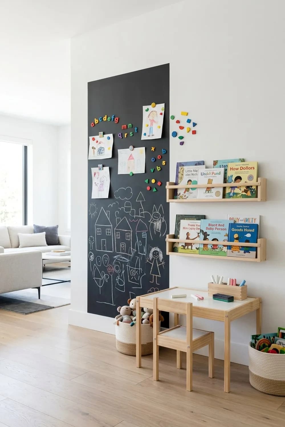 Die bespielbare Wand: Tafelfarbe, Magnetfarbe und niedrige Bücherleisten – Spielecke im Wohnzimmer: 11 schöne Ideen